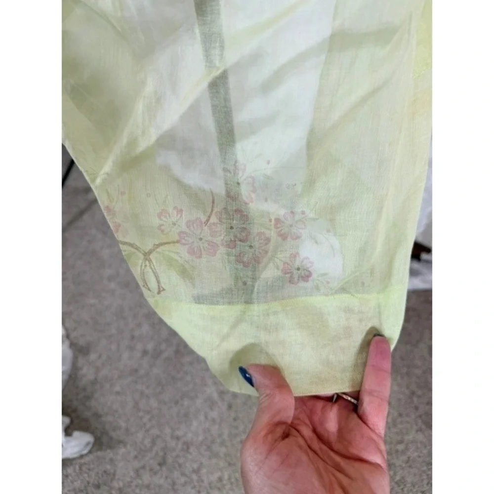 Vintage Sheer Pale Green Half Apron Pink Floral Script Print Pocket Cottagecore